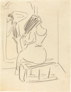 Nainen kampaamassa hiuksiaan peilin edessä, 1800-luvun loppu - 1900-luvun alku. tekijältä Ernst Ludwig Kirchner