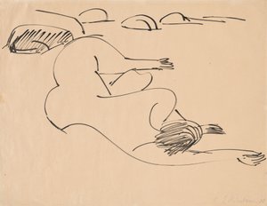Erna makaa rannalla kallioiden keskellä, 1912. tekijältä Ernst Ludwig Kirchner