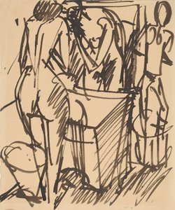 Alaston peilin kanssa seisomassa pesupöydän edessä, 1908-1910. tekijältä Ernst Ludwig Kirchner