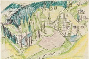 Vuoristomaisema ja kuusia tekijältä Ernst Ludwig Kirchner