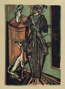 Nainen koiran kanssa. Teoksesta: Bremenissä sijaitsevan rouva Euckenin kirjontahuoneen vaatteiden näyttelyluettelo tekijältä Ernst Ludwig Kirchner