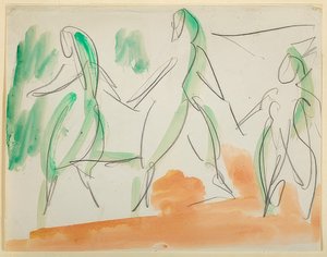 Kolme tanssijaa. 1911 Folkwangin luonnoskirja (s. 34) tekijältä Ernst Ludwig Kirchner