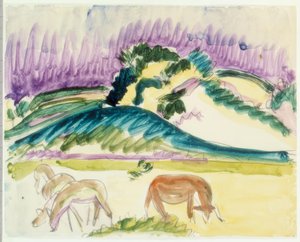 Kolme laiduntavaa peuraa ja lehmä Fehmarnissa tekijältä Ernst Ludwig Kirchner