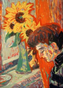 Naisen pää auringonkukkien edessä tekijältä Ernst Ludwig Kirchner