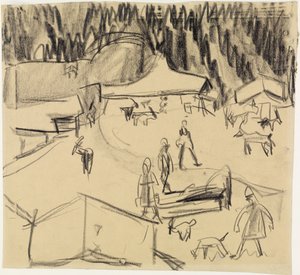 Vuoristokylä (Staffelalp), jossa on paimenia ja vuohia tekijältä Ernst Ludwig Kirchner