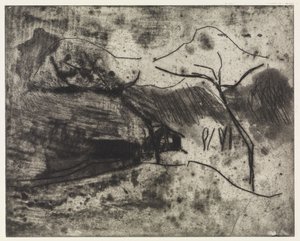 Pieni talo puiden alla lumessa/ranta, tuuli, veneet tekijältä Ernst Ludwig Kirchner