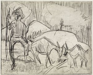 Paimen ja vuohia/Vuorenrinne, ihmisiä ja vuohia tekijältä Ernst Ludwig Kirchner