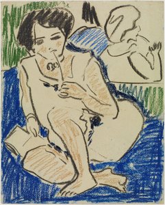 Kyykyssä oleva nainen kirjan kanssa tekijältä Ernst Ludwig Kirchner