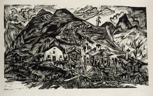 Stafelalp, yleisnäkymä - karjan nousu alppilaitumelle tekijältä Ernst Ludwig Kirchner