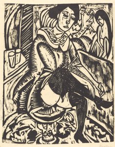 Nainen sitomassa kenkiään (Frau, Schuh Zuknopfend) tekijältä Ernst Ludwig Kirchner