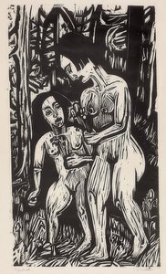 Kaksi alaston tyttöä kukkien kanssa metsässä. 1923