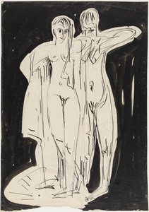 Kaksi seisovaa alastonhahmoa kuivaamassa itseään tekijältä Ernst Ludwig Kirchner