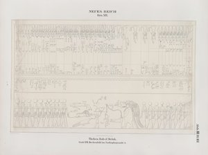 Piirros kattomaalauksesta Sarcophagus Hallissa, 19. dynastia, Thebes, Biban-el-Muluk, Uusi kuningaskunta, kuvitus artikkelista "Monuments to Egypt and Etiopia...", kirjoittanut Richard Lepsius tekijältä Ernst Weidenbach