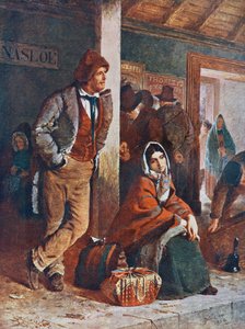 Irlantilaisia siirtolaisia Ballinasloen asemalla matkalla Galwayhin, Irlantiin, laivoihin Amerikkaan 1800-luvulla, Erskine Nicolin maalauksen mukaan. tekijältä Erskine Nicol