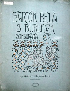 Etukansi nuotiolle Bela Bartokin (1881-1945) kolmelle pianolle tarkoitetulle burleskille 1912 (värinen lito) tekijältä Ervin Voit