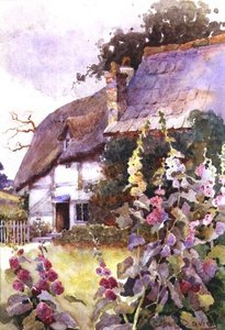Pihlajakukkia mökin ulkopuolella (akvarelli) (vesiväri) tekijältä Ethel Davies