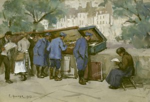 Ranskalaisia sotilaita ja bouquinisteja Seinen varrella, 1917 (wc vaaleanharmaalla paperilla) tekijältä Ethel Hunter