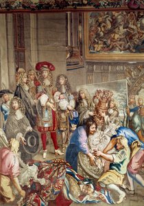 Visita de Lluís XIV a la Manufacture des Gobelins en presència de Jean Baptiste (Jean-Baptiste) Colbert (1619-1683) (de perfil, a la dreta del rei) i el pintor Charles Lebrun (Le Brun) (1619-1690). ), 15 d
