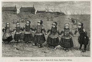 Lasten tansseja Markenissa (Alankomaat), kaiverrus E.Ronjatin piirustuksen mukaan havainnollistamaan Neerlanden tarinaa, Charles de Coster, vuonna 1878, julkaistu tour du monde -lehdessä Edouard Chartonin johdolla. tekijältä Etienne Antoine Eugene Ronjat
