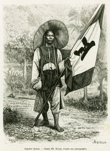 Kiinan sääntö. Kaiverrus E.Ronjat, valokuvan jälkeen, havainnollistamaan tarinaa Trente mois au Tonkin vuonna 1884, tohtori Hocquard, in le tour du monde 1889, ohjaaja Edouard Charton (1807-1890), Hachette, Pariisi. tekijältä Etienne Antoine Eugene Ronjat