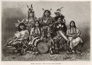 Intialaiset soturit ja heidän vaimonsa (Texas). Kaiverrus E.Ronjatin piirustuksen jälkeen havainnollistamaan William Hepworth Dixonin tarinaa La conquete blanche, vuonna 1875, julkaistu "" Le tour du monde""" 1876, toimittanut Edouard Charton, Hachette pai tekijältä Etienne Antoine Eugene Ronjat