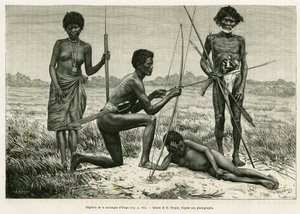 Yriga-vuoren Negritos. E.Ronjatin kaiverrus havainnollistamaan tarinaa Lucon ja Palaouan, kuusi vuotta Filippiineillä, Alfred Marche (1844-1898), in le tour du monde 1886, ohjaaja Edouard Charton (1807-1890), Hachette, Pariisi. tekijältä Etienne Antoine Eugene Ronjat