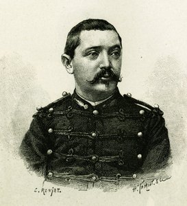 Muotokuva laivaston tykistöstä kapteeni Pietristä Afrikan retkikunnan aikana 1879-1882, Gallienin komennossa. E. Ronjatin kaiverrus valokuvasta havainnollistamaan tarinaa "Exploration du Haut Niger (Haut Niger)" (nykyinen Mali) tekijältä Etienne Antoine Eugene Ronjat