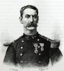 Muotokuva komentaja Joseph Gallienista Afrikan tutkimusmatkan aikana (1879-1882). E. Ronjatin kaiverrus valokuvan jälkeen havainnollistamaan th:n komentajan Joseph Gallienin (1849-1916) tarinaa "Exploration du Haut Niger (Haut Niger)" (nykyinen Mali). tekijältä Etienne Antoine Eugene Ronjat