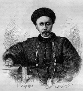 Muotokuva Li Hongzhangista (1832-1901), kiinalainen kenraali ja Zhilin varakuningas (varakuningas) 1871-1895 ja 1900-1901. Kaiverrus Ronjatin piirroksesta, Thomsonin valokuvasta "" Le Tour dussa Monde, Nouveau Journal des Voyages”, toimitettu tekijältä Etienne Antoine Eugene Ronjat