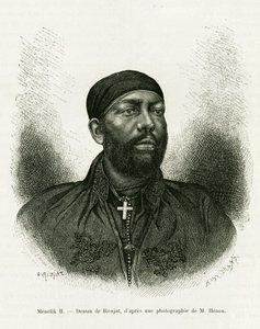 Muotokuva Etiopian prinssi Menelik II:sta (1844-1913). Ronjatin kaiverrus valokuvan jälkeen havainnollistamaan tarinaa Voyage au Choa (Abyssinie meridionale)