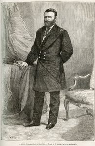 Muotokuva Ulysses Grantista (1822-1885), amerikkalaisesta kenraalista, unionin joukkojen johtajasta eroamissodan aikana ja Yhdysvaltain (Yhdysvallat) 18. presidentistä kahdella toimikaudella 1869-1877. Kaiverrus E.Ronjatin piirustuksen jälkeen havainnollis tekijältä Etienne Antoine Eugene Ronjat