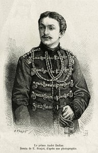 Mingrelien prinssi Andre Dadian (1850-1910), Venäjän armeijan kenraali ja shakin mestari. E.Ronjatin kaiverrus havainnollistamaan Carla Serenan tarinaa Un tour en Mingrelie (Georgian alue, Kaukasuksen ja Rionin välillä) tekijältä Etienne Antoine Eugene Ronjat