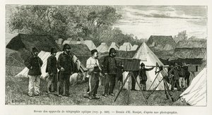 Optisten lennätinlaitteiden katsaus. E.Ronjatin kaiverrus havainnollistamaan tarinaa Trente mois au Tonkin, vuonna 1884, tohtori Paul Hocquard, in le tour du monde 1890, Edouard Chartonin (1807-1890) johdolla, Hachette, Pariisi. tekijältä Etienne Antoine Eugene Ronjat