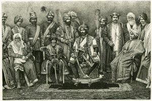 Kashmirin maharajah, Rambhir Sing ja hänen hovinsa. E. Ronjatin kaiverrus havainnollistamaan Marie de Ujfalvy-Bourdonin (Ujfalvy Bourdon) tarinaa "Pariisilaisen naisen muotokuva Länsi-Himalajalla", vuonna 1881. Julkaistu Tour du mondessa, 2. lukukausi tekijältä Etienne Antoine Eugene Ronjat