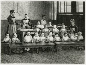 Lasten ateria päiväkodissa. E.Ronjatin kaiverrus havainnollistamaan saksalaisen poliitikon ja kirjailijan Charles Gradin (1842-1890) tarinaa "Atravers l