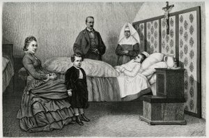 Lääkärin konsultaatio Logelbachin sairaalassa. Kaiverrus E.Ronjat, havainnollistamaan tarinaa "Through Alsace and Lorraine", vuonna 1884, Charles Grad (1842-1890), saksalainen deputer, kirjailija ja luonnontieteilijä. Julkaistu Le Tour du monde, nouveau jo tekijältä Etienne Antoine Eugene Ronjat