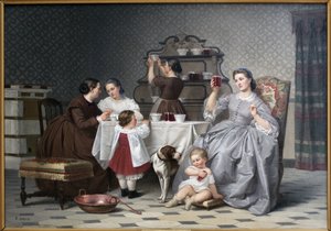 Hillot, sanoo myös Le gouter de famille. Eugene Ronjatin (1822-1912) maalaus, öljy kankaalle, noin 1860. 1800-luvun ranskalainen taide. Wienin taidemuseo (Isere).