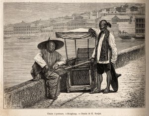 Kaksi kantajaa lepäämässä pyörätuolinsa vieressä Hongkongissa, kaiverrus E. Ronjatin piirustuksen jälkeen, joka havainnollistaa matkaa Kiinaan, J. Thompson, 1870-1872, julkaistu "" Le tour du monde""" 1875, toimittanut Edouard Charton, Hachette-painos, Par tekijältä Etienne Antoine Eugene Ronjat