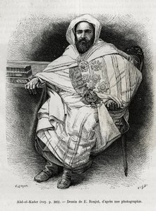 muotokuva Abd El Kaderista (1808-1883), Algerian emiiri ja sulttaani, sufi-teologi, poliitikko ja sotilaallinen vastarinta Ranskan siirtomaa-armeijalle, myös kirjailija, runoilija ja filosofi. Kaiverrus E.Ronjat, havainnollistamaan tarinaa La Syria d