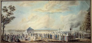 Ranskan vallankumous: "" Tasavallan armeijan tulevien johtajien Marsin koulun sotilasleiri"" Etienne Bericourtin akvarelli (1700-luku) 1794 Paris, B.N.