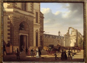 Louvren museon sisäänkäynti ja Saint Louis du Louvren rauniot. Näkymä Pariisiin. Etienne Bouhotin (1780-1862) maalaus