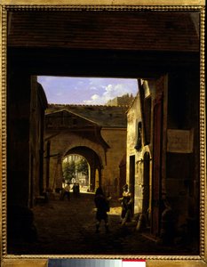 Ajotalon piha rue Saint Denisillä, joka tunnetaan sisäpihana Sainte Catherine Scene Pariisin 1. kaupunginosassa. Etienne Bouhotin (1780-1862) maalaus 1832 su. 0,27x0,22 m Pariisi, Musee Carnavalet.