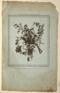 Pokaali metsästysvälineillä, levy 1, "Suite de Trophées de chasse", Suite VI tekijältä Etienne Claude Voysard