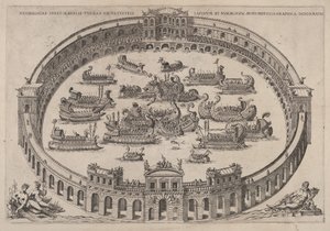 Laivaston taistelu sijoittuu roomalaiseen areenaan, Tiber-joki ja nymfit alhaalla vasemmalla..., 1577-85.