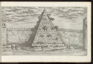 Cestiuksen pyramidi Roomassa Bouwwerken uit de oudheid (sarjan nimi) Muinaisen Rooman jäännökset keräsivät ja kuvasivat perspektiivissä Stefano Du Perac Parisino (sarjan nimi esineessä) tekijältä Etienne Duperac