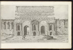 Porta Maggiore te Rooma Bouwwerken uit de oudheid (sarjan nimi) Stefano Du Perac Parisinon keräämät Rooman antiikin jäännökset ja muotokuvat perspektiivissä (sarjan nimi esineellä) tekijältä Etienne Duperac