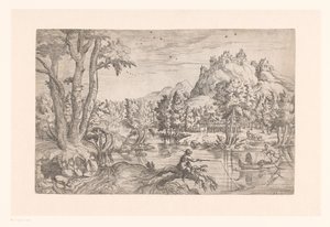 Maisema kalastajan ja linnan kanssa vuoren huipulla tekijältä Etienne Dupérac (attributed to)