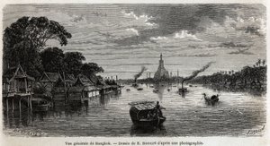 Yleiskuva Bangkokista (Thaimaa), piirustus E.Bocour, havainnollistamaan Henri Mouhotin matkaa Siamin, Kambodžan ja Laosin valtakuntiin vuosina 1858–1861. Kaiverrus kirjaan "" Le tour du monde", toimittanut Edouard Charton
