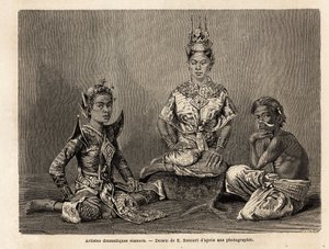 Siamilaiset dramaattiset taiteilijat, piirtänyt E.Bocour, havainnollistamaan Henri Mouhotin matkaa Siamin, Kambodžan ja Laosin valtakuntiin vuosina 1858–1861. Kaiverrus kirjaan "" Le tour du monde", toimittanut Edouard Charton