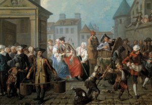 Karnevaali Pariisin kaduilla Detail. Etienne Jeauratin (1699-1789) maalaus 1757. Dim. 0,65 x 0,82 m Pariisi, museo Carnavalet tekijältä Étienne Jeaurat